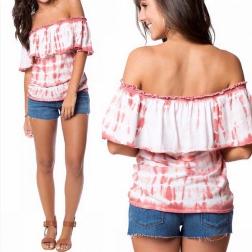 CHASER Tie Dye Off‎ Shoulder Ruffle Top Pink Red Tee Boho Hippie Sz Medium NWT